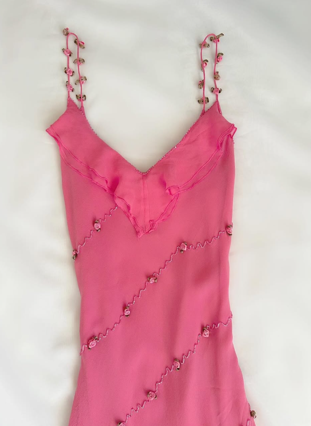 Vintage Pink Floral Beaded Ruffles Chiffon Prom Dress Evening Party Gowns SH3535