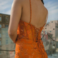 Orange Mermaid V Neck Sequin Tulle Satin Long Prom Dress Evening Dress with Slit SH2116