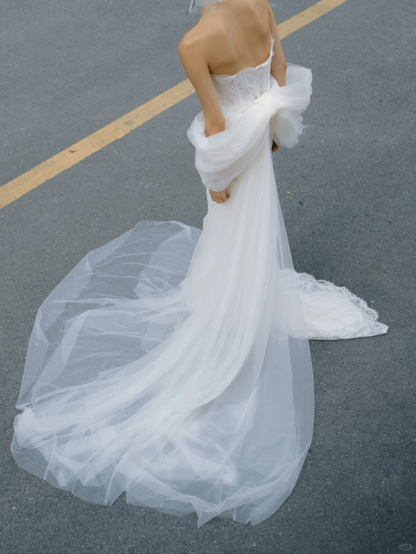 Gentle Simple Bow Mermaid White Satin Tulle Long Sweep Wedding Dress SH4940