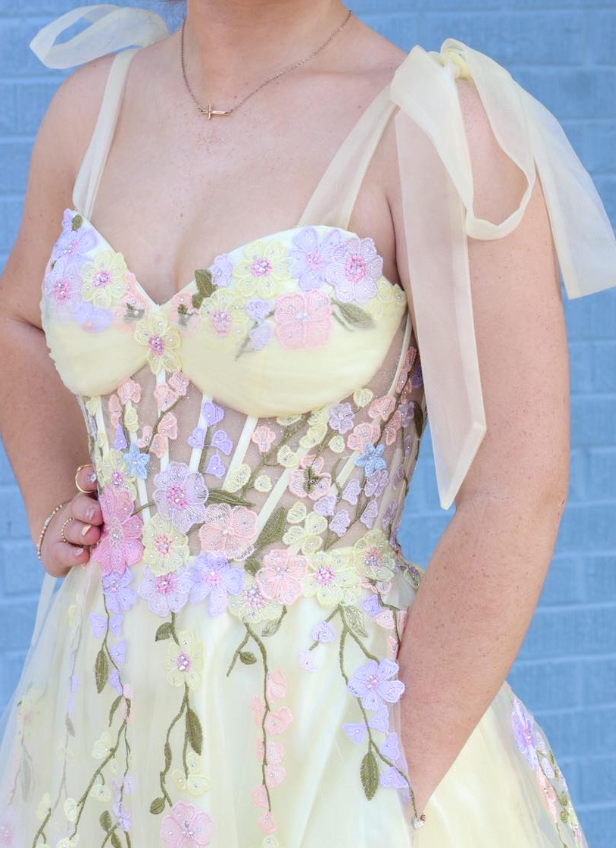 Light Yellow A Line Colorful Appliques Tulle Prom Dress Party Evening Dress SH7221