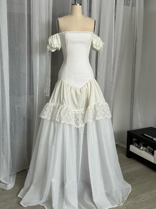 Vintage Ivory A Line Off the Shoulder Lace Tulle Long Prom Dress Wedding Dress SH7664