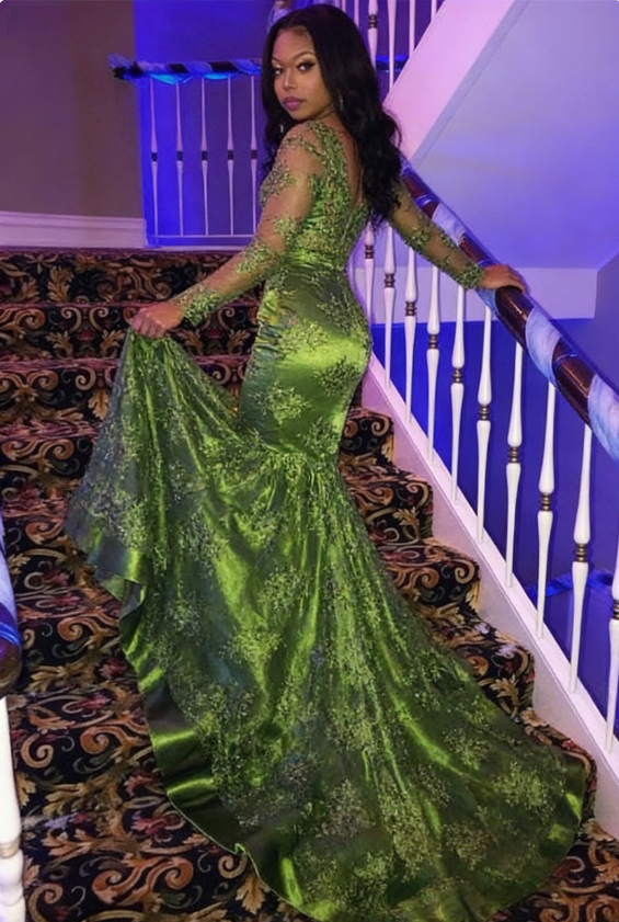 Black Girl Prom Dress Long Sleeve Lace Green Prom Dresses for Juniors shinydress Black Girl Prom Dress Long Sleeve Lace Green Prom Dresses for Juniors shinydress
