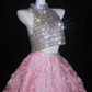 Shiny Rhinestone Ball Gown Exquisite 3D Pink Rose Tulle Prom Dress Quinceanera Dress SH7162