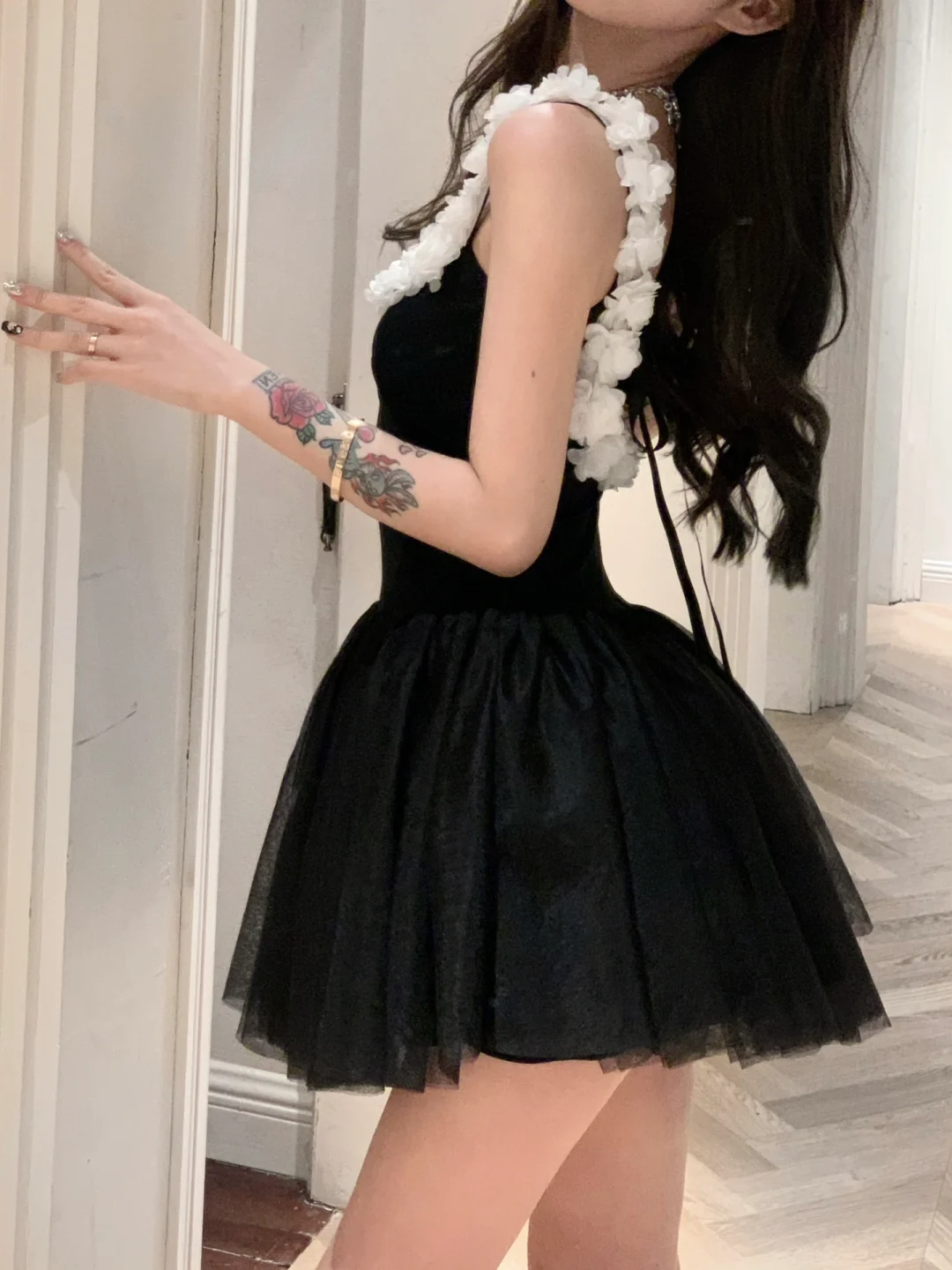 Cute A Line Straps White Floral Black Tulle Short Homecoming Dress Outfits SH5824