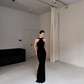 Classic Black Sheath Halter Satin Backless Long Prom Dress Evening Dress SH7704