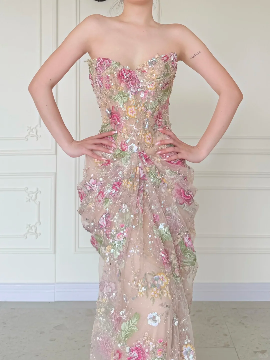 Luxurious Mermaid Strapless Floral Sequin Tulle Long Prom Dress Evening Dress SH5843