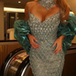 Luxurious Mermaid Sweetheart Neck Shiny Rhinestone Green Tulle Prom Dress SH8555