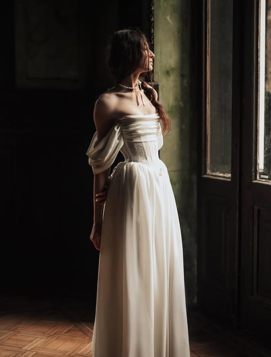 Gentle Ivory A Line Off the Shoulder Corset Lace Chiffon Prom Dress Wedding Dress SH6683