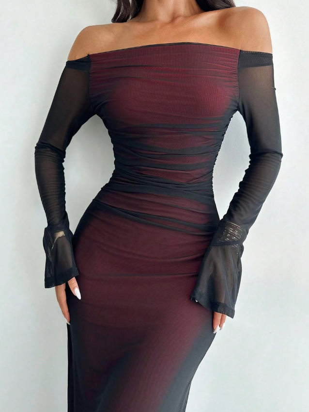 Sexy Sheath Long Sleeve Burgundy Satin Black Tulle Prom Dress Evening Dress SH7076