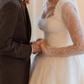 Elegant A Line Long Sleeve Square Neck White Lace Tulle Long Wedding Dress SH6196