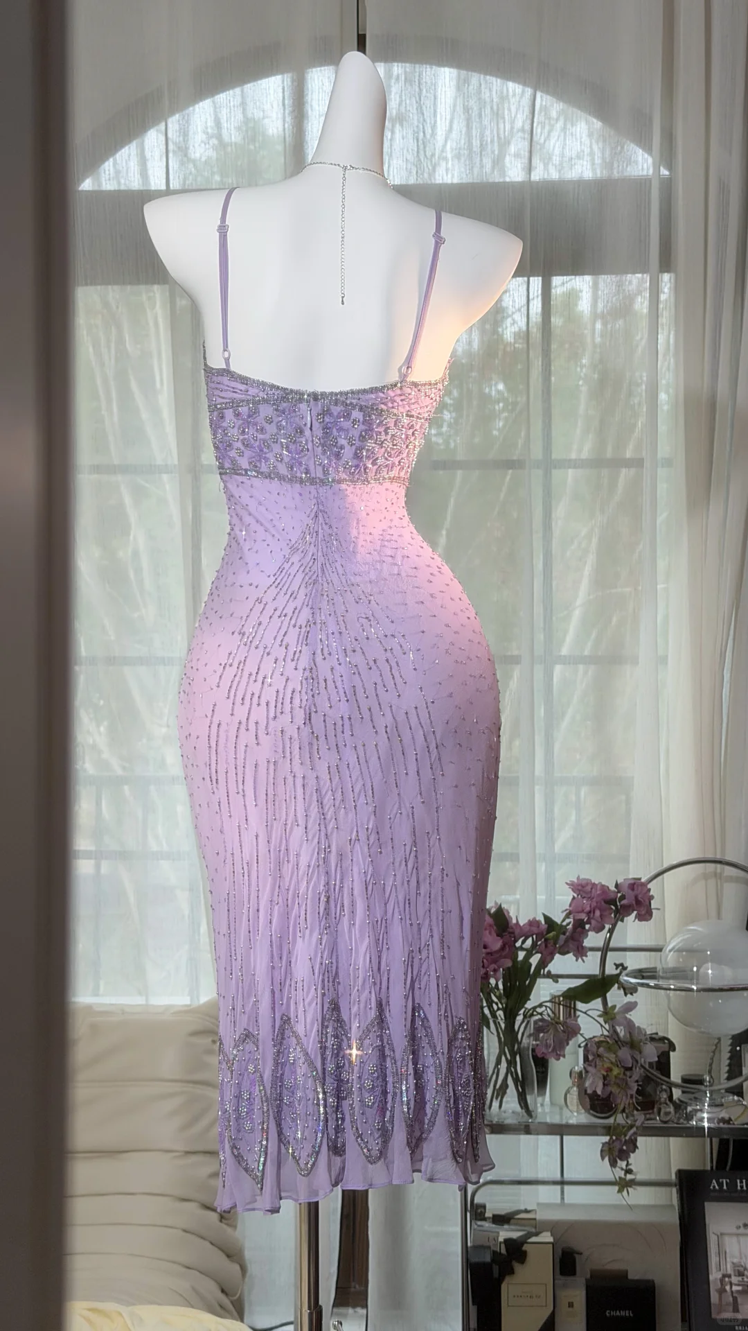 Lilac Sheath Straps Beaded Chiffon Tea Length Prom Dress Graduation Prom Dress SH5350