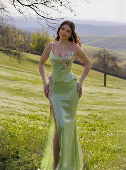 Dazzling Mermaid Two Peice Appliques Green Sequin Prom Dress Evening Dress Slit SH6333