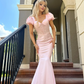 Princess Pink Mermaid Puff Lace Satin Prom Dress Cocktail Dress SH3744