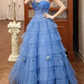 Vintage Blue A Line Strapless Layered Tulle Long Prom Dress Evening Dress SH5655