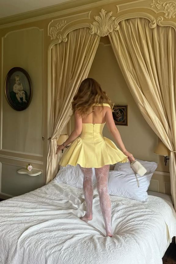 Simple Cute Yellow A Line Straps Satin Sequin Short Prom Dress Homecoming Dress SH6387