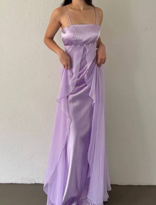 Cute A Line Spaghetti Strap Purple Satin Chiffon Long Prom Dress Evening Dress SH2610