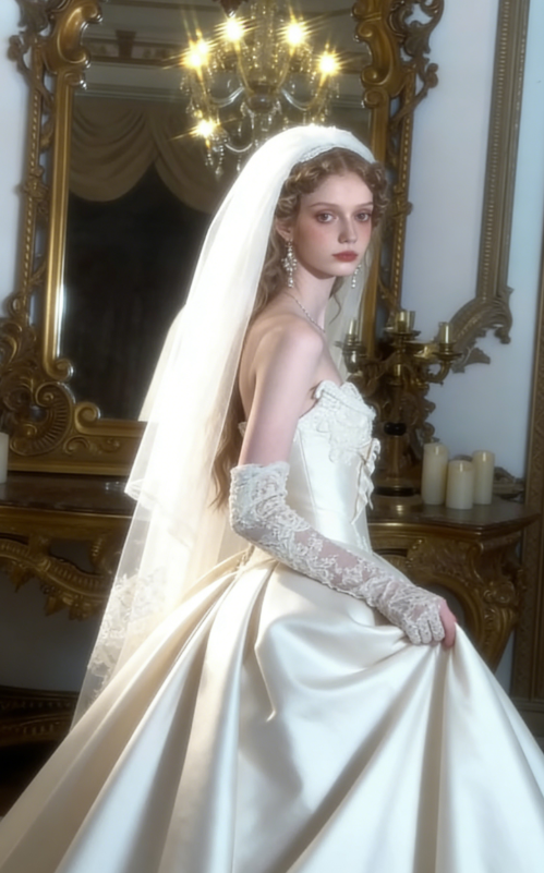 Princess Ball Gown Strapless Lace Appliques Satin Prom Dress 18th Birthday Dress Wedding Dress SH3897
