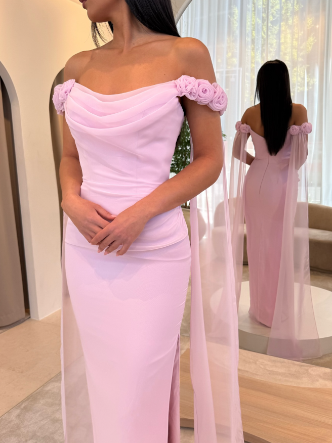 Baby Blue Sheath Off the Shoulder Floral Chiffon Satin Prom Dress SH5546