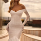 Stunning Mermaid Off the Shoulder White Tulle Long Train Wedding Dress SH7151