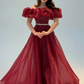 Burgundy A Line Off the Shoulder Beaded Organza Prom Dress Wedding Guest Dress SH6015