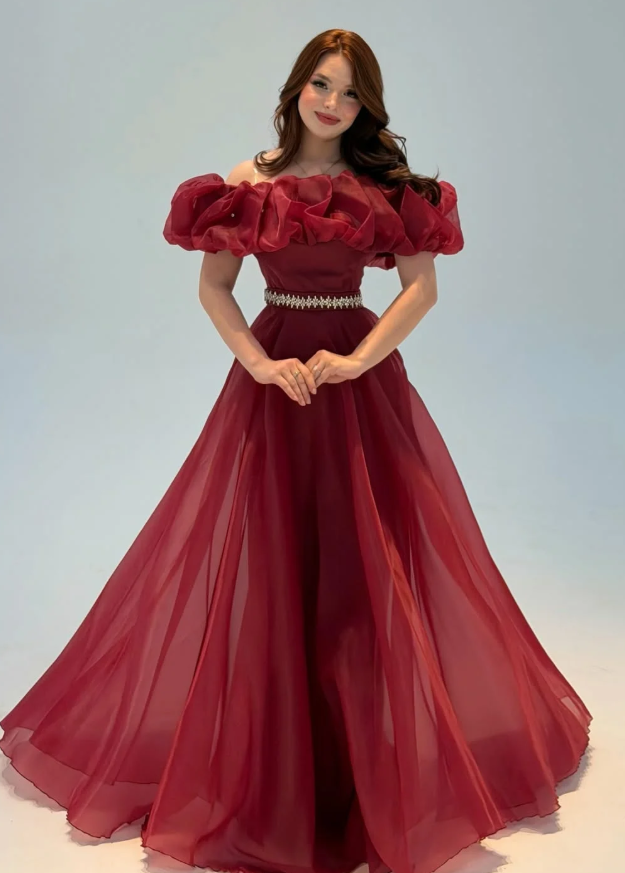 Burgundy A Line Off the Shoulder Beaded Organza Prom Dress Wedding Guest Dress SH6015