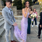Purple Tulle Lace Appliques Mermaid Prom Dress Backless Long Evening Dress SH1083