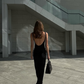 Simple Black A Line Spaghetti Strap Satin Open Back Prom Dress Wedding Guest Dress SH4449