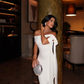 Elegant Sheath Off the Shoulder Satin Prom Dress Formal Dress Party Dress with Bow SH3747