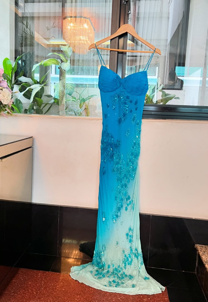 Vintage Romantic Blue Ombre Beaded Chiffon Long Prom Dress Party Dress SH4889