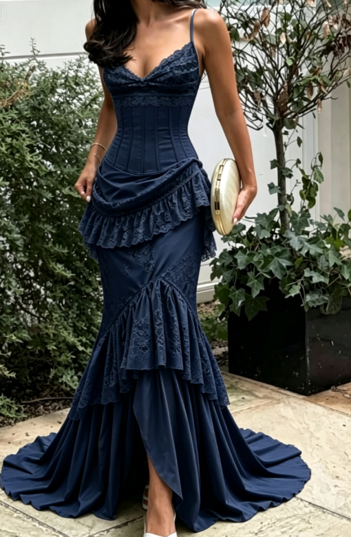 Vintage Green Mermaid Spaghetti Strap Exquisite Lace Satin Long Prom Dress Evening Dress SH6716