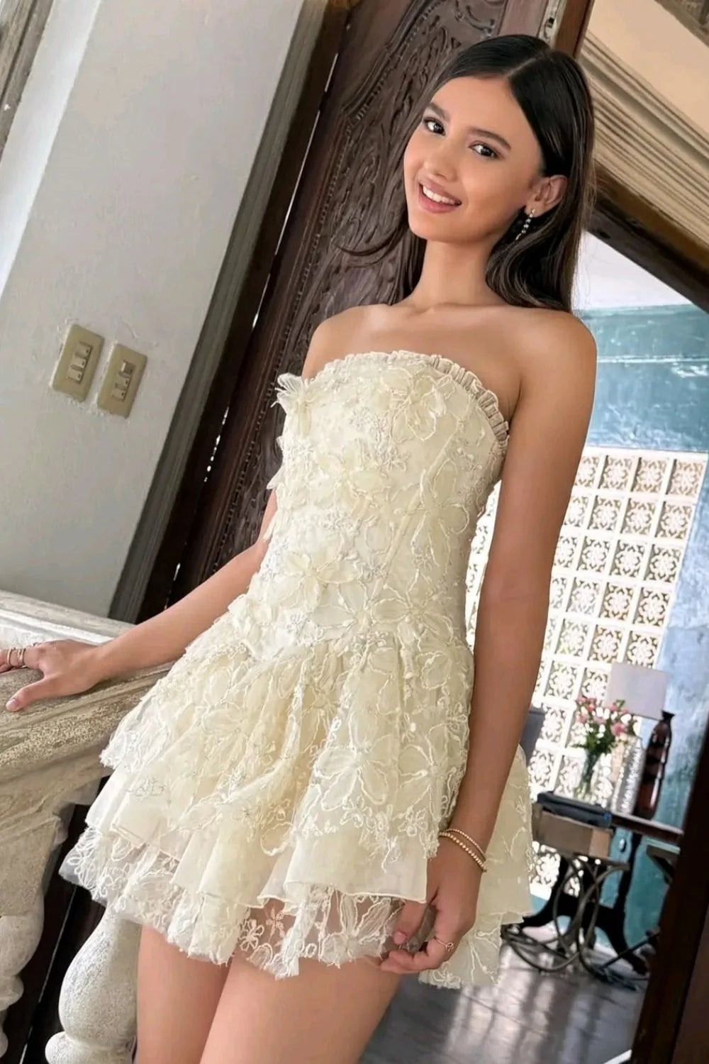 Vintage-Inspired Ivory Strapless Lace Ruffle Mini A-Line Homecoming Dress SH7865