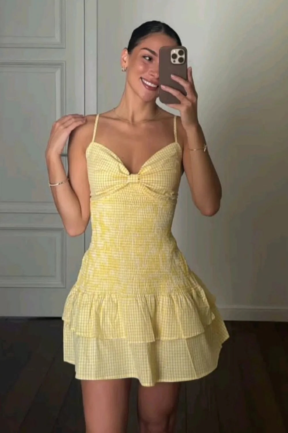 Vintage-Inspired Yellow Babydoll Homecoming Dress with Ruched Bodice SH7835