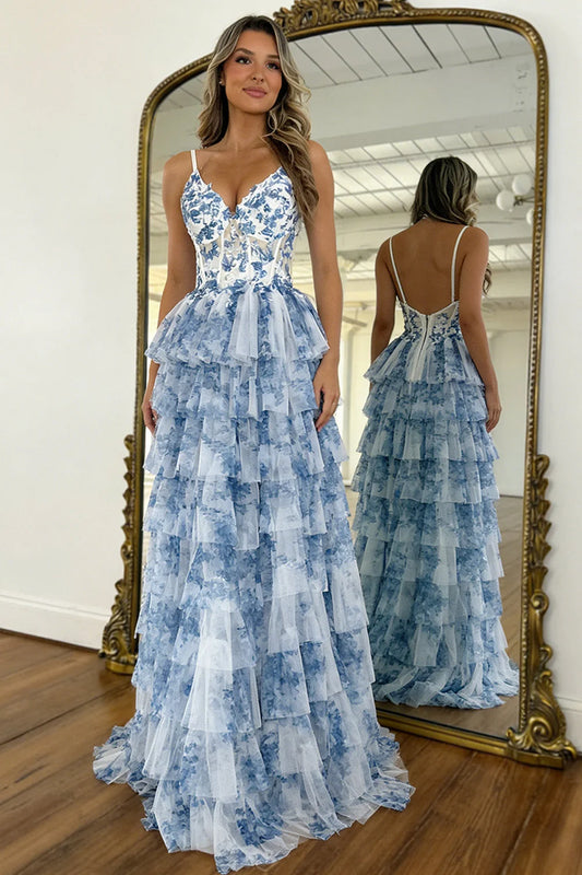 Gorgeous A Line Spaghetti Straps Blue Floral Tiered Tulle Prom Dress with Corset Bodice SH8092