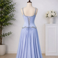 Gentle Blue A Line Shiny Beaded Chiffon Satin Prom Dress Wedding Guest Dress SH6020