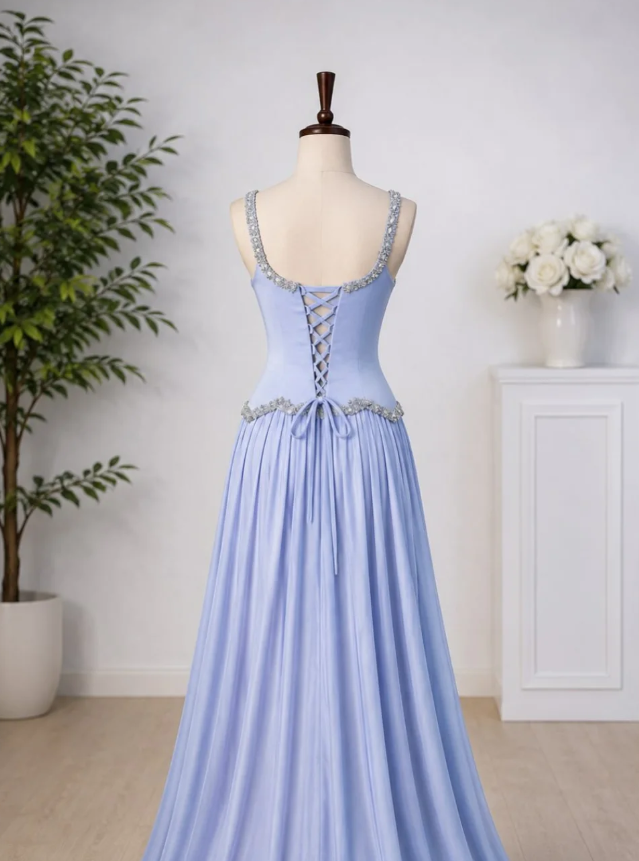 Gentle Blue A Line Shiny Beaded Chiffon Satin Prom Dress Wedding Guest Dress SH6020