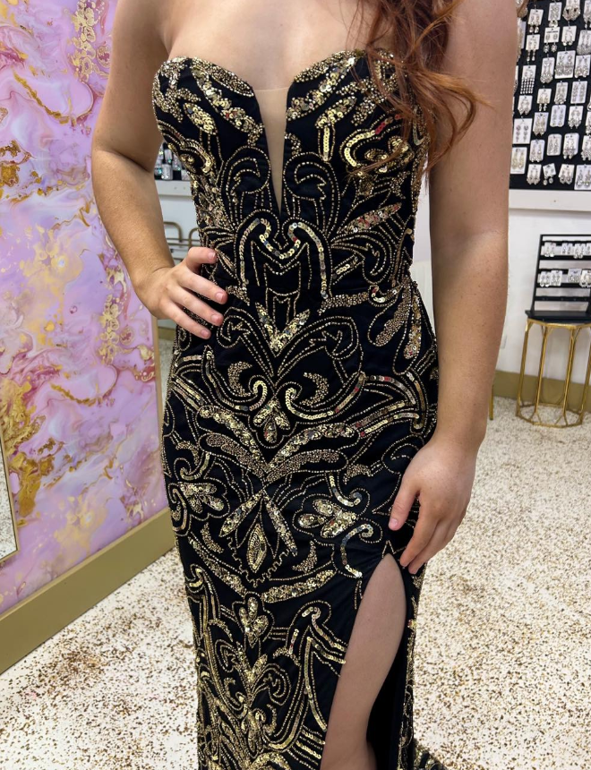 Luxurious Sheath Strapless Gold Beaded Sequin Black Tulle Long Prom Dress Evening Dress SH6820