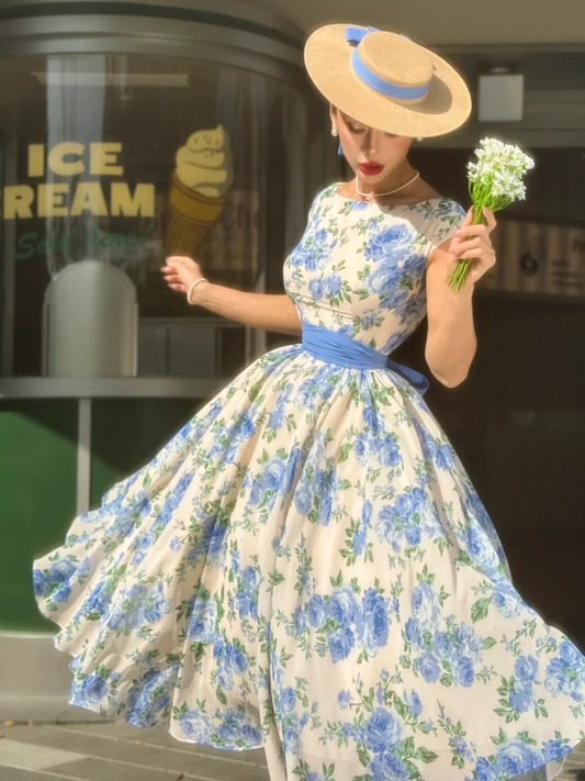 Vintage A Line Round Neck Blue Print Floral Satin Prom Dress Evening Dress SH4251