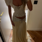 Two Piece Shiny A Line Puff Sleeve Beaded Satin Long Prom Dress Date Dress SH5558