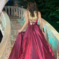 Simple Burgundy A Line Spaghetti Strap Satin Long Prom Dress Evening Dress with Slit SH7315