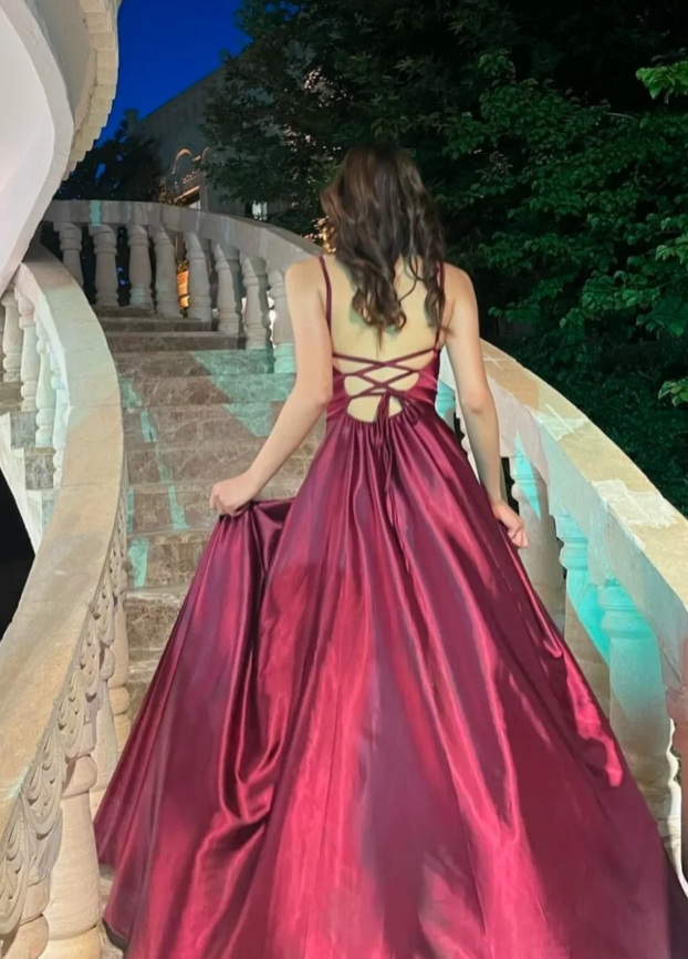 Simple Burgundy A Line Spaghetti Strap Satin Long Prom Dress Evening Dress with Slit SH7315