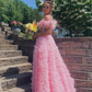 Sky Blue Princess Slit Evening Dress Feathers Straps Tulle Beaded Tiered Long Prom Dress SH1051