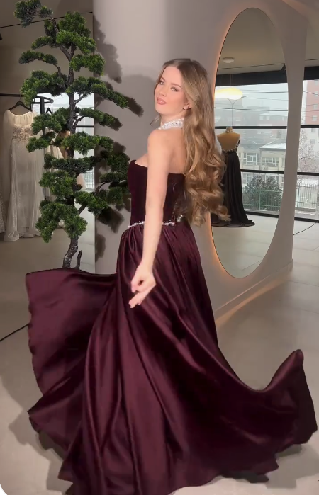 Classy A Line Strapless Pearl Dark Burgundy Velvet Satin Party Dress W – shinydress