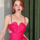 Hot Pink Sheath Spaghetti Strap Satin Prom Dress Evening Dress Open Back SH4250