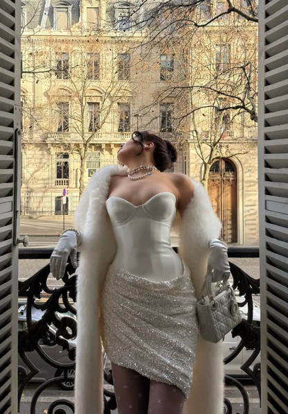 Dazzling White Sheath Sweetheart Neck Satin Sequin Short Prom Dress Homecoming Dress SH6386