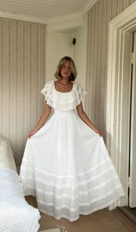 Princess A Line Square Neck White Lace Chiffon Prom Dress Wedding Dress SH7079