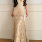 Vintage Apricot Mermaid Straps Beaded Lace Satin Long Prom Dress Wedding Guest Dress SH5505