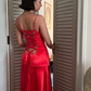 Sexy Mermaid Spaghetti Strap Red Satin Prom Dress Evening Dress with Slit SH2161
