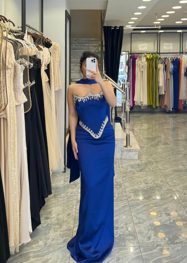 Royal Blue Sheath Strapless Exquisite Beaded Satin Prom Dress Evening Dress SH5413