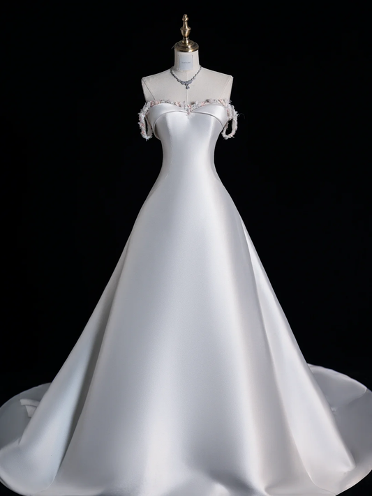 Elegant A Line Spaghetti Strap Beaded  White Satin Wedding Dress Prom Dress SH4112