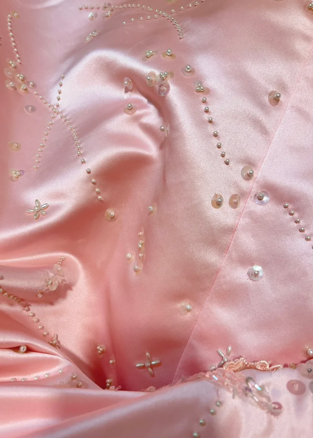 Princess Pink A Line Strapless Beaded Satin Tulle Long Prom Dresses 16th Birthday Dresses SH4636